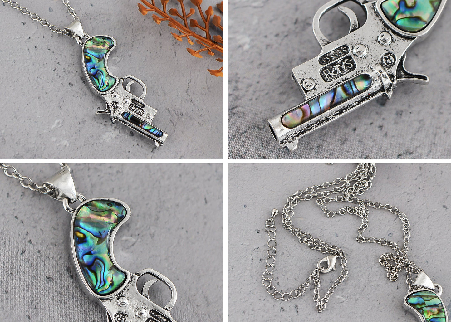 Alilang Antiqued Silvery Tone Abalone Shell Revolver Pistol Gun Pendant Necklace for Women Men