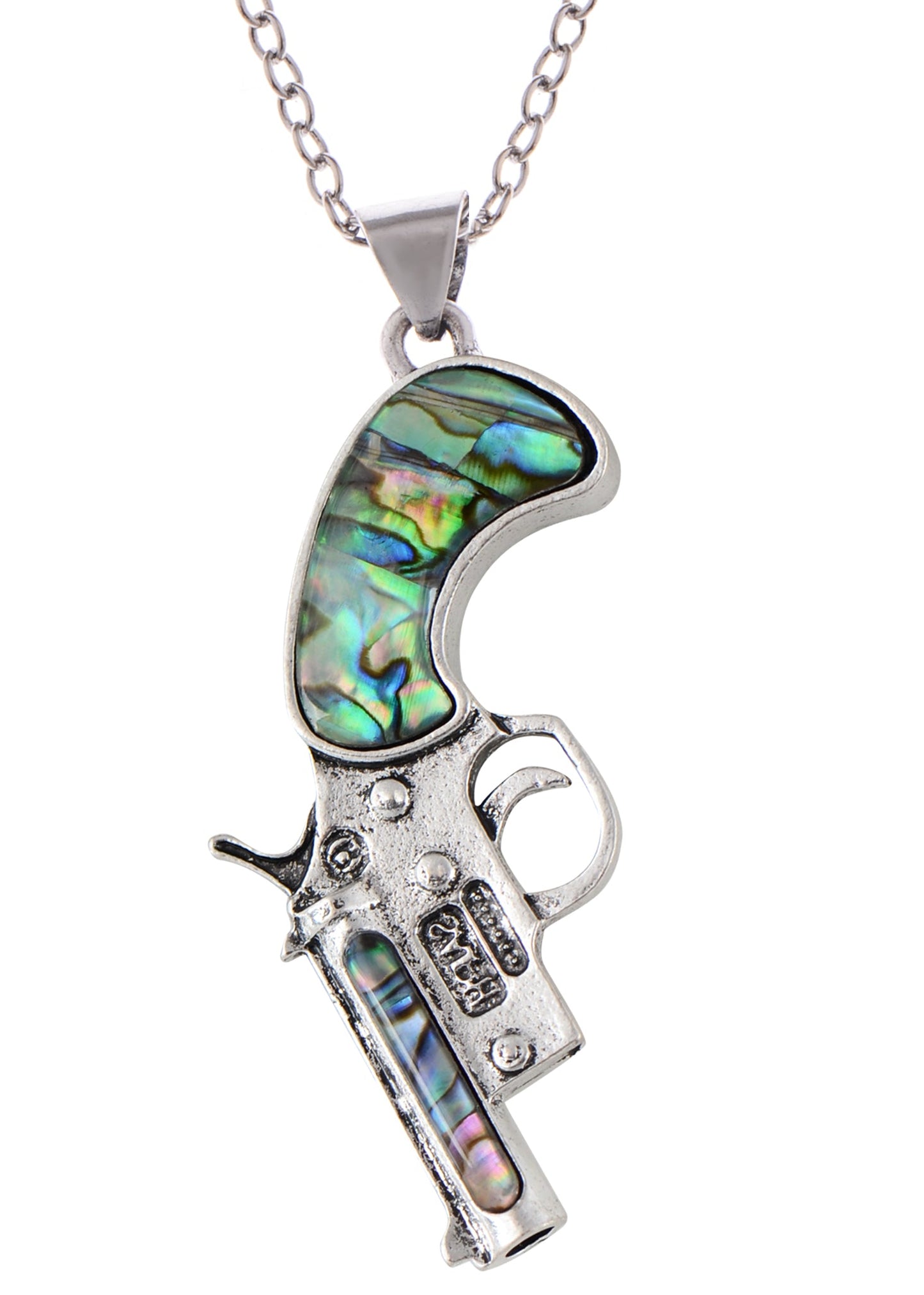Alilang Antiqued Silvery Tone Abalone Shell Revolver Pistol Gun Pendant Necklace for Women Men