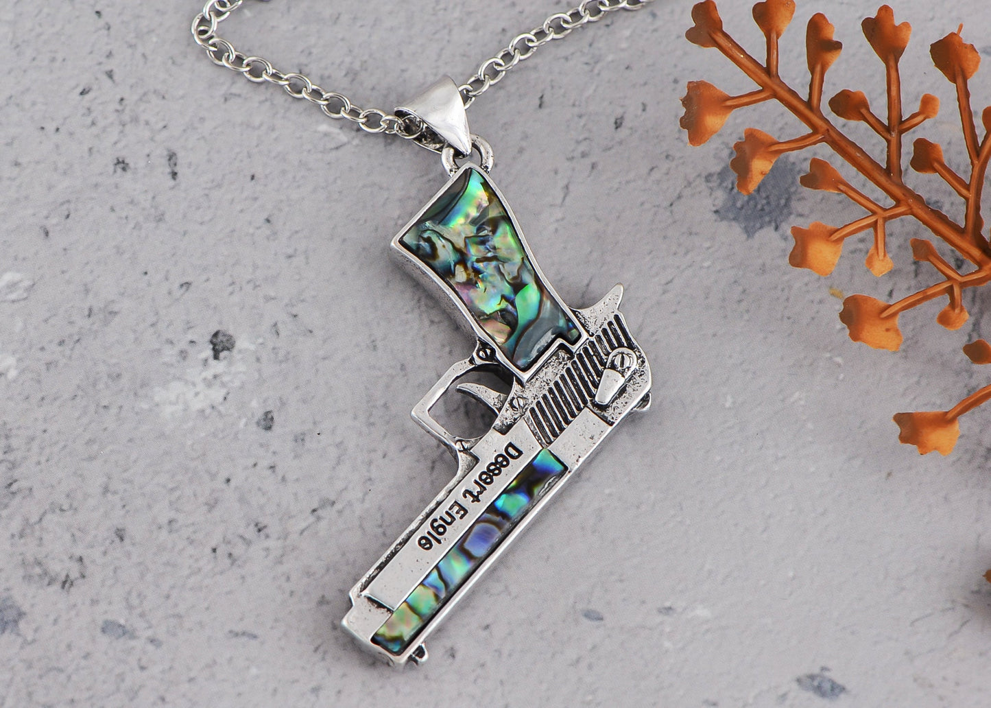 Alilang Antiqued Silvery Tone Abalone Shell Revolver Pistol Gun Pendant Necklace for Women Men
