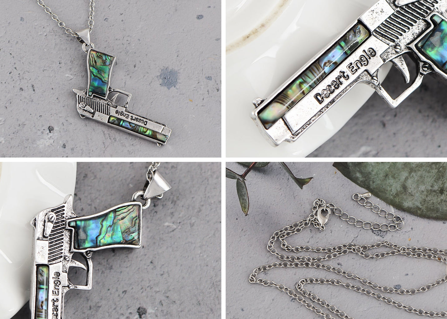 Alilang Antiqued Silvery Tone Abalone Shell Revolver Pistol Gun Pendant Necklace for Women Men