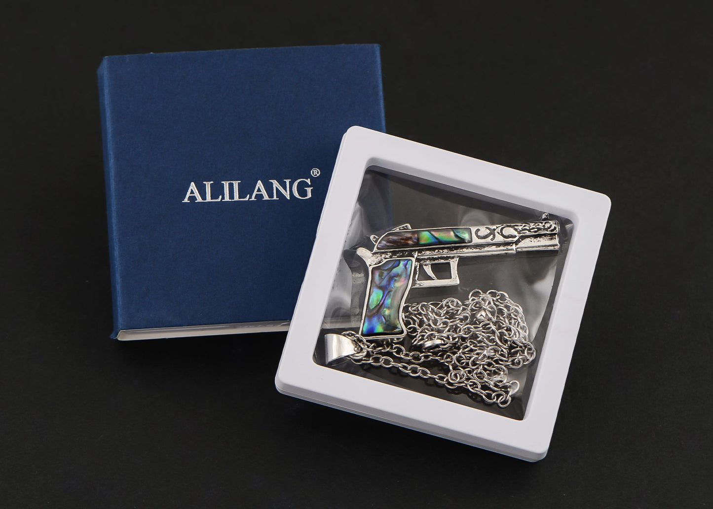 Alilang Antiqued Silvery Tone Abalone Shell Revolver Pistol Gun Pendant Necklace for Women Men