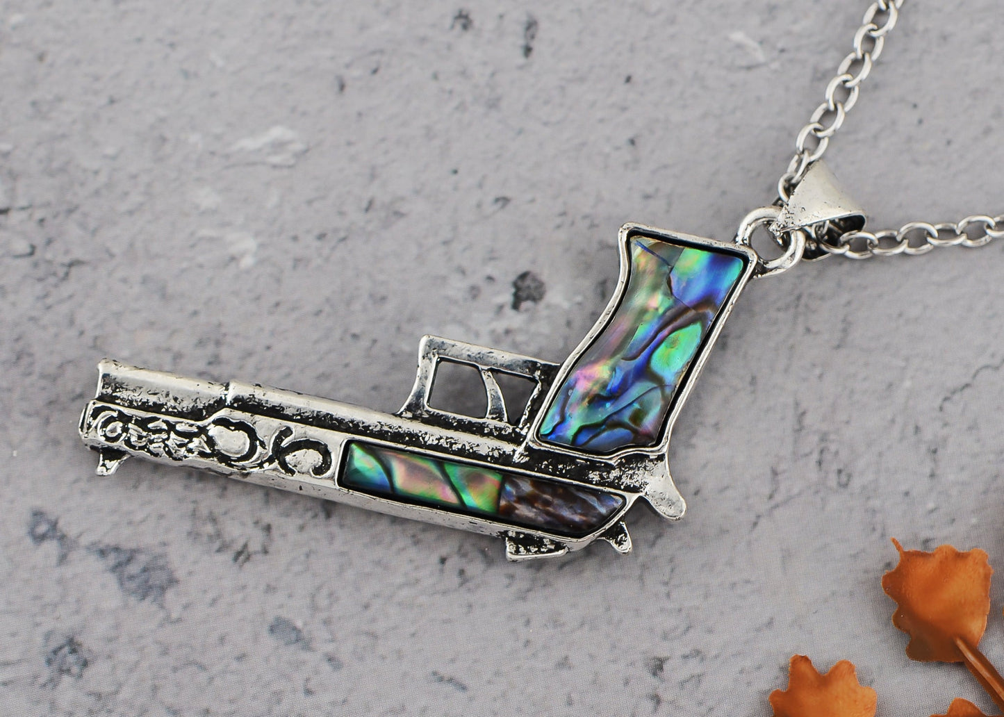 Alilang Antiqued Silvery Tone Abalone Shell Revolver Pistol Gun Pendant Necklace for Women Men