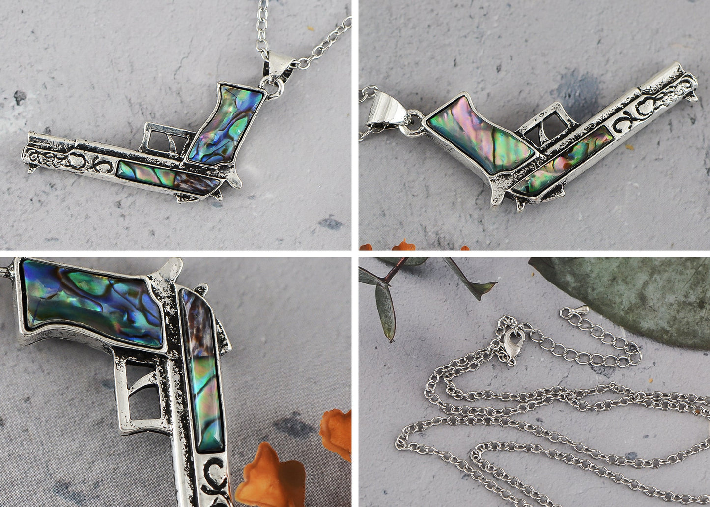 Alilang Antiqued Silvery Tone Abalone Shell Revolver Pistol Gun Pendant Necklace for Women Men