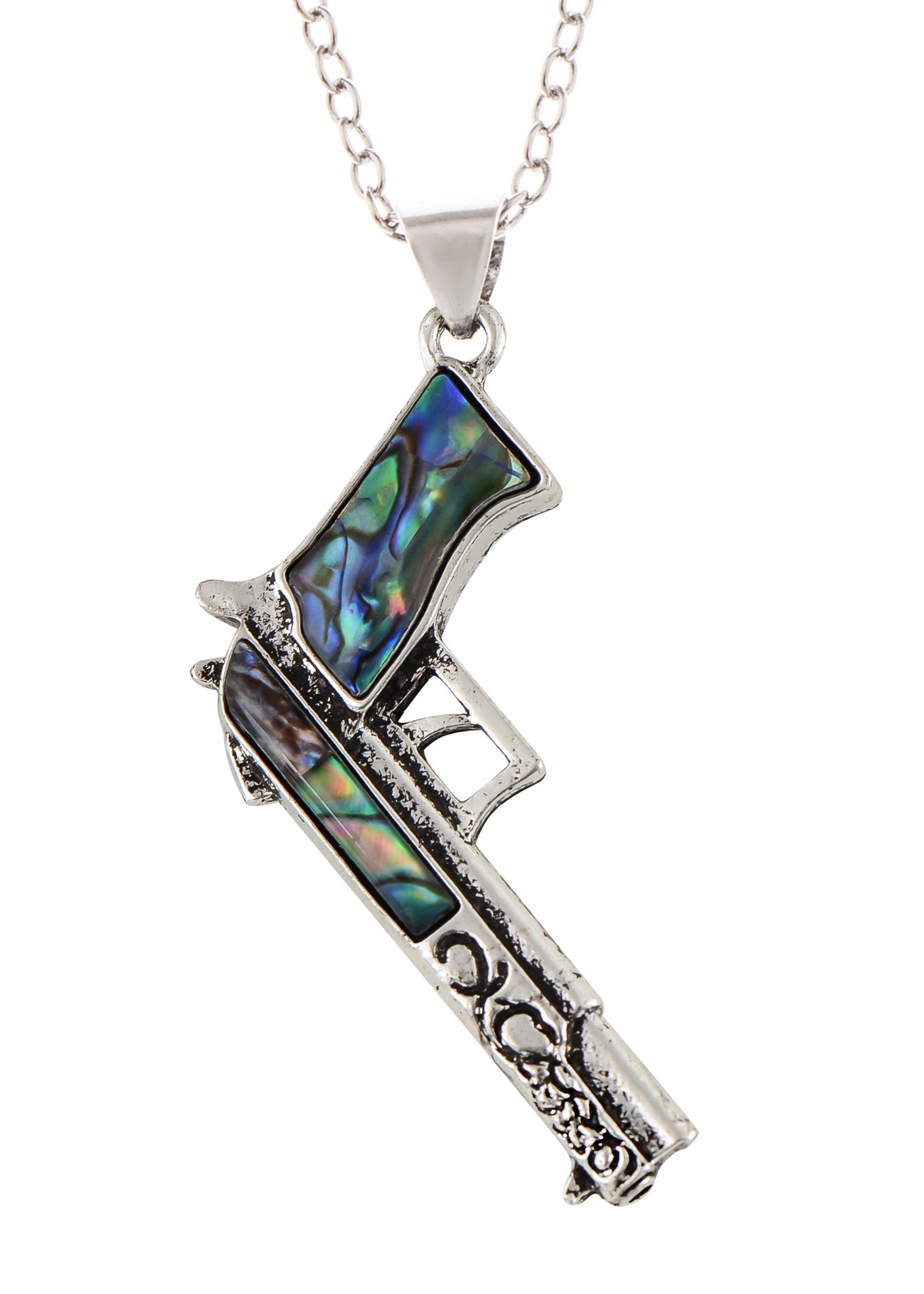 Alilang Antiqued Silvery Tone Abalone Shell Revolver Pistol Gun Pendant Necklace for Women Men