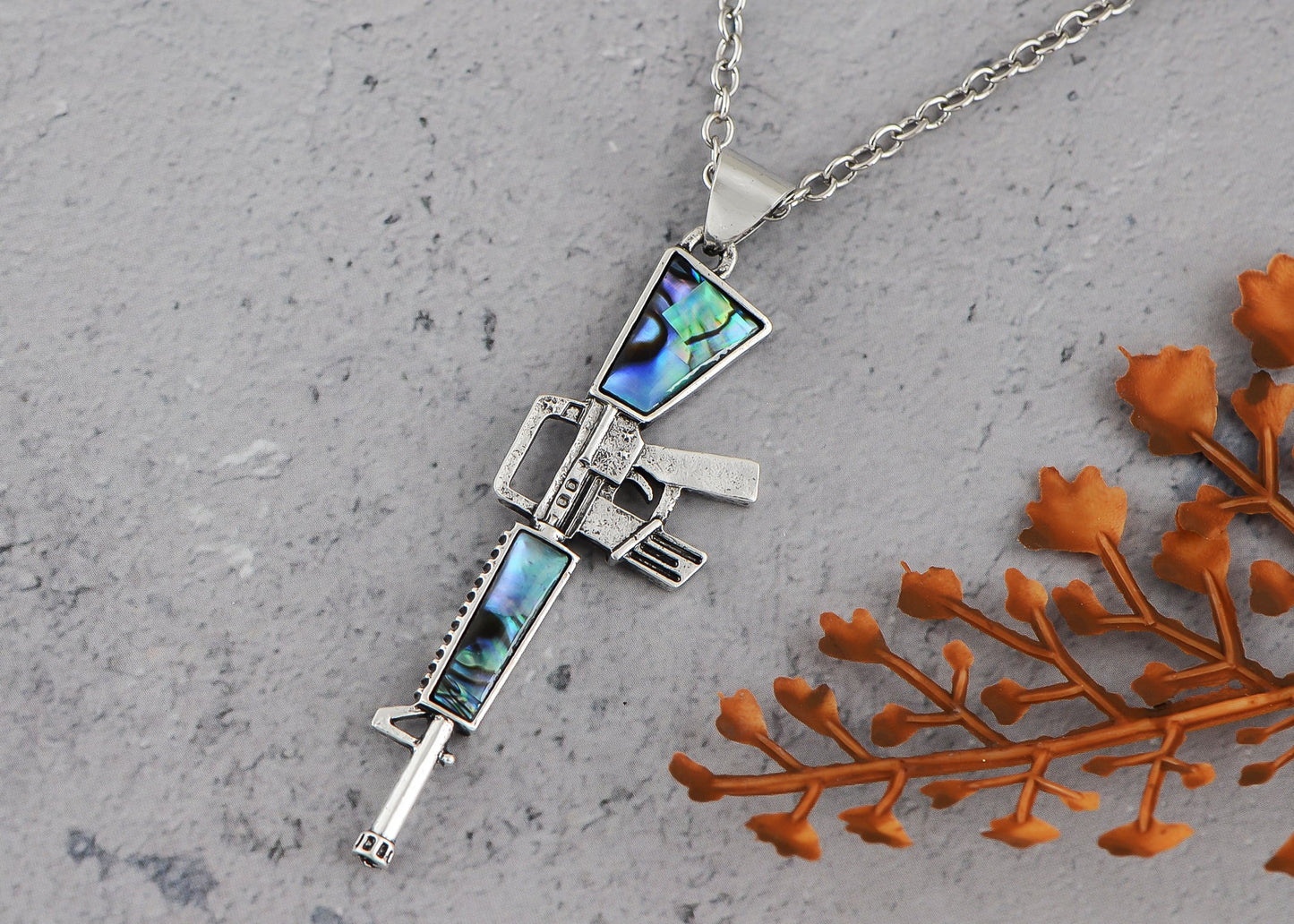Alilang Antiqued Silvery Tone Abalone Shell Revolver Pistol Gun Pendant Necklace for Women Men