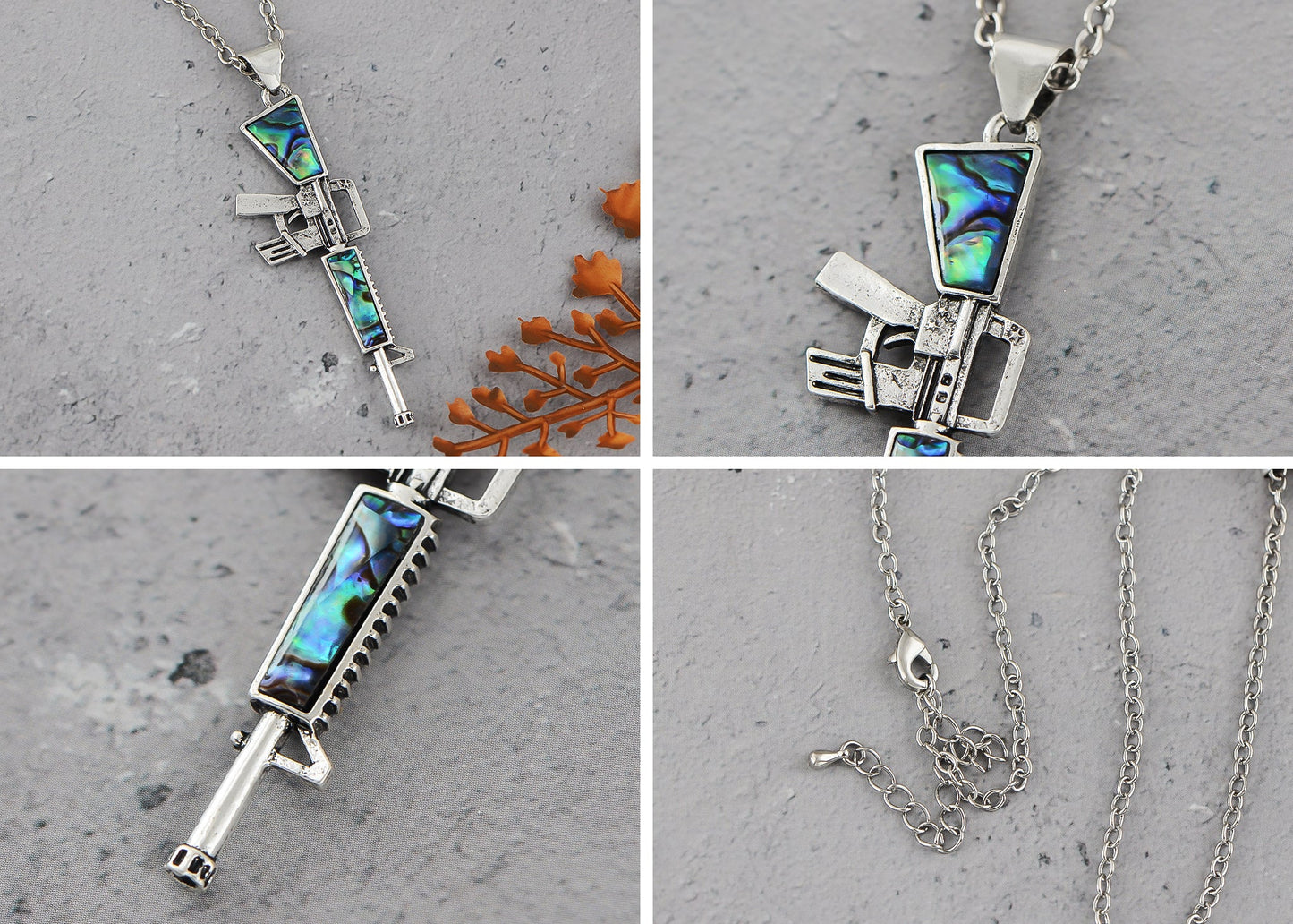 Alilang Antiqued Silvery Tone Abalone Shell Revolver Pistol Gun Pendant Necklace for Women Men