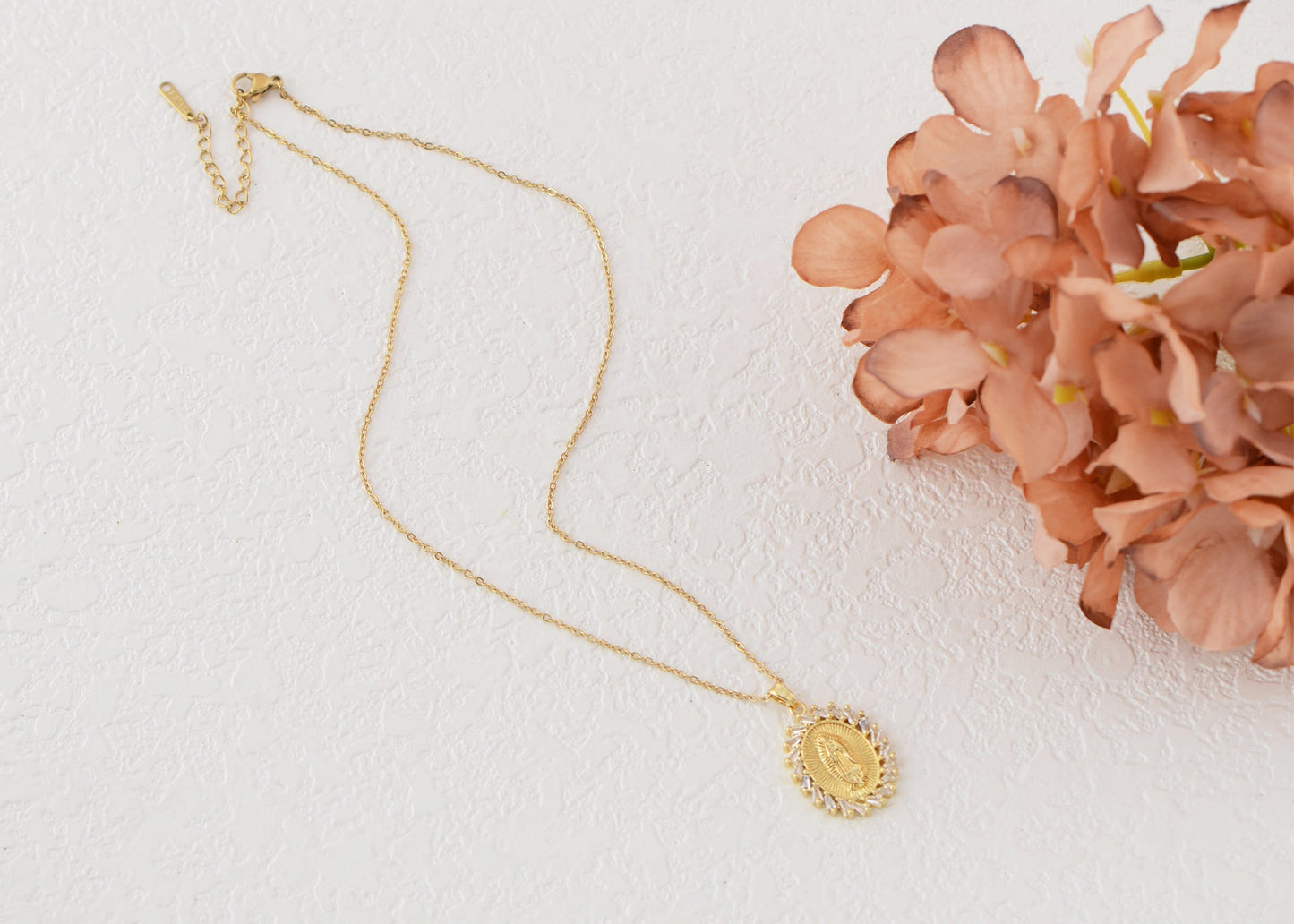 18K Gold Plated Crystal Rhinestone Virgin Mary Catholic Necklace - Our Lady of Guadalupe Medal Pendant - Christian Jewelry for Women and Men