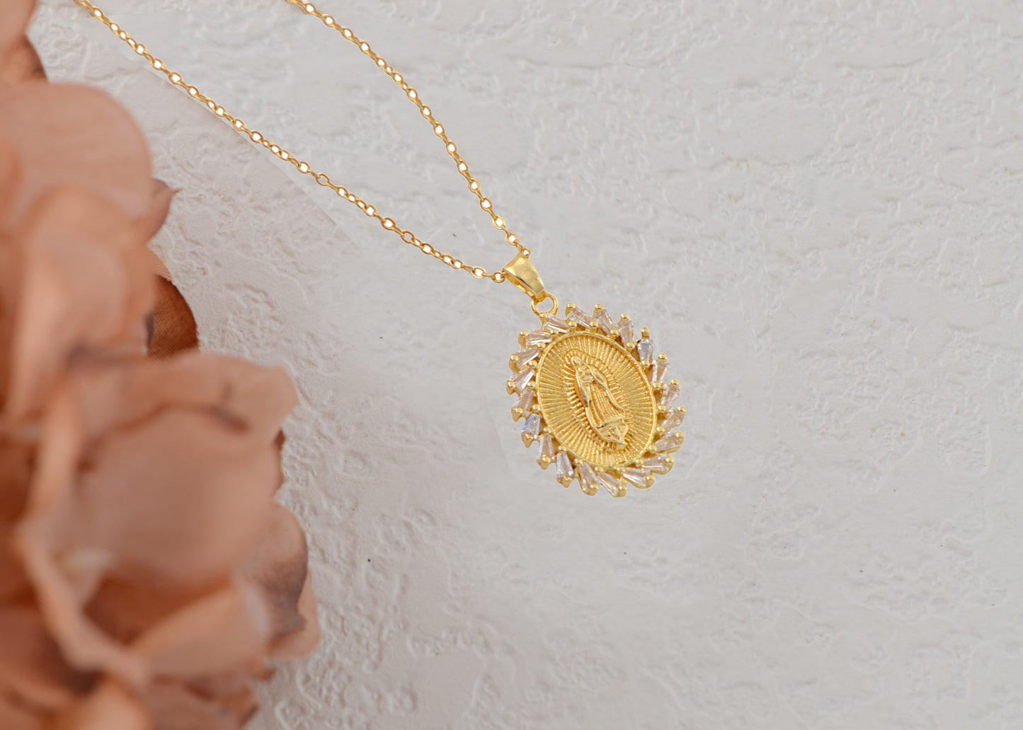 18K Gold Plated Crystal Rhinestone Virgin Mary Catholic Necklace - Our Lady of Guadalupe Medal Pendant - Christian Jewelry for Women and Men