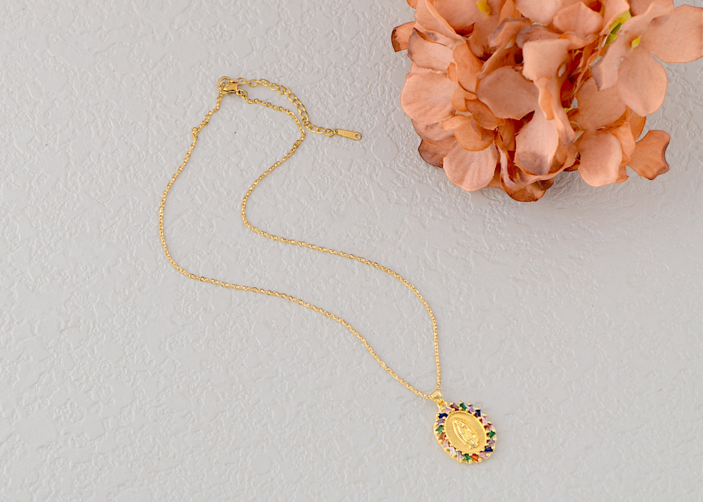 18K Gold Plated Crystal Rhinestone Virgin Mary Catholic Necklace - Our Lady of Guadalupe Medal Pendant - Christian Jewelry for Women and Men