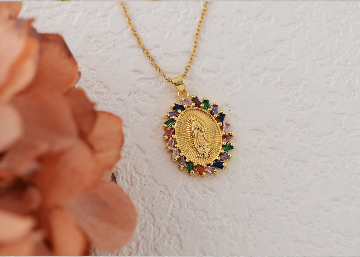 18K Gold Plated Crystal Rhinestone Virgin Mary Catholic Necklace - Our Lady of Guadalupe Medal Pendant - Christian Jewelry for Women and Men