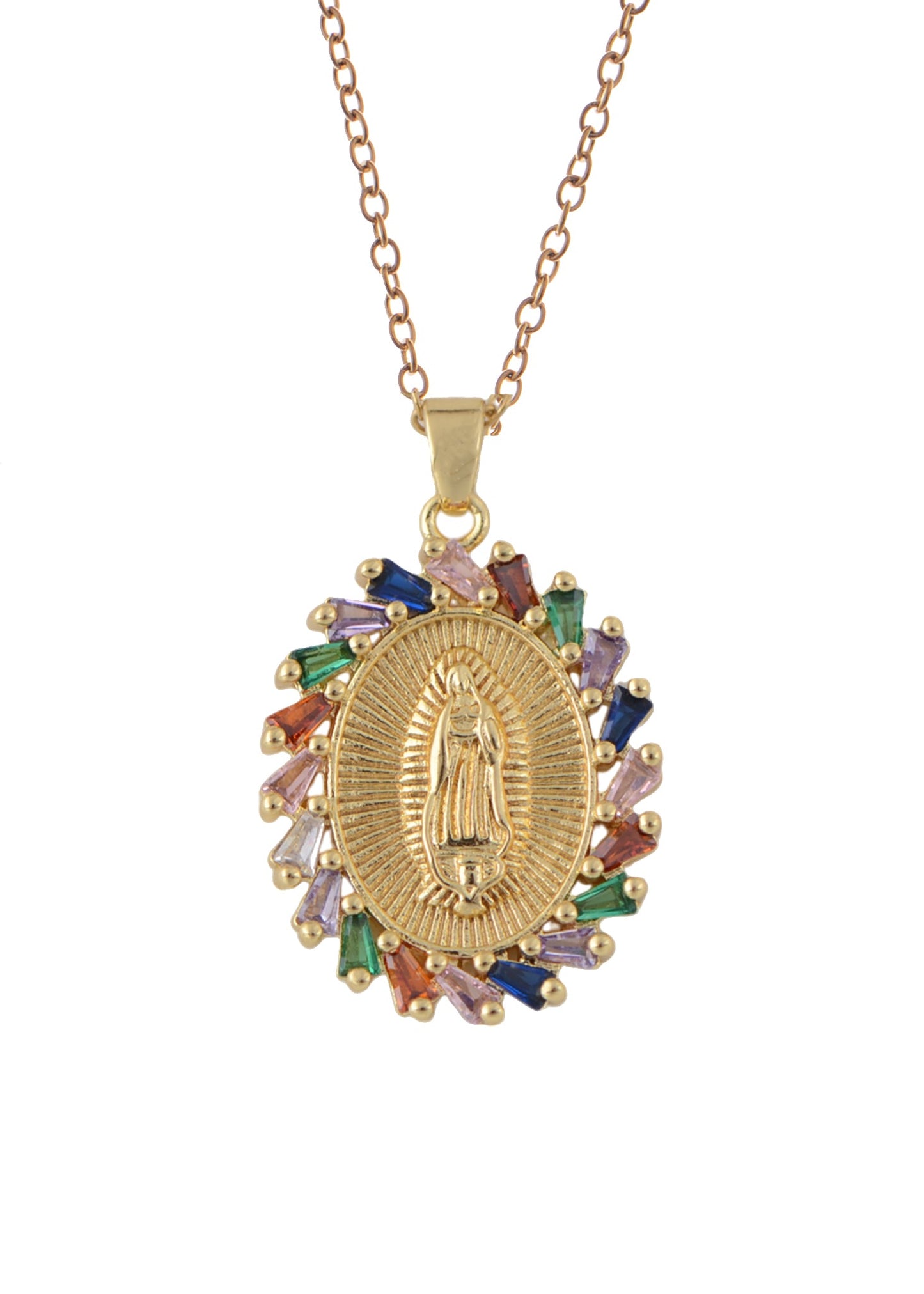 18K Gold Plated Crystal Rhinestone Virgin Mary Catholic Necklace - Our Lady of Guadalupe Medal Pendant - Christian Jewelry for Women and Men