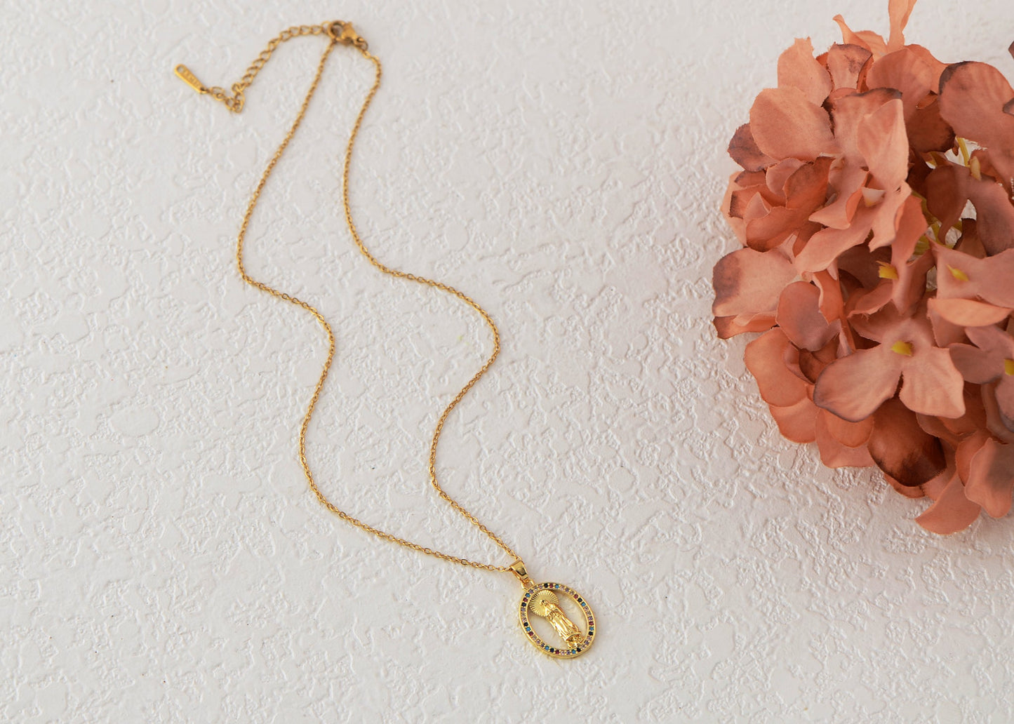 18K Gold Plated Crystal Rhinestone Virgin Mary Catholic Necklace - Our Lady of Guadalupe Medal Pendant - Christian Jewelry for Women and Men