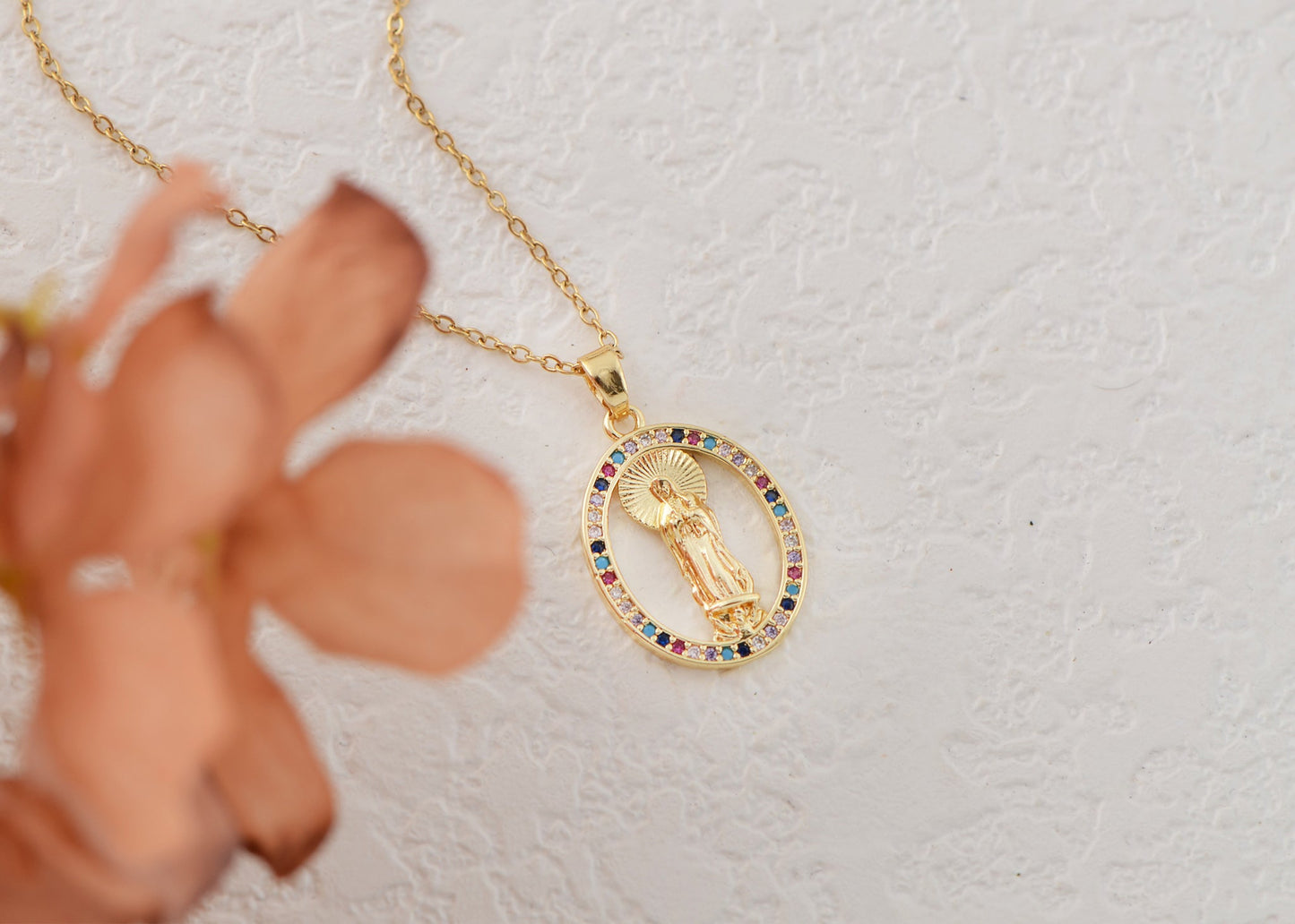 18K Gold Plated Crystal Rhinestone Virgin Mary Catholic Necklace - Our Lady of Guadalupe Medal Pendant - Christian Jewelry for Women and Men