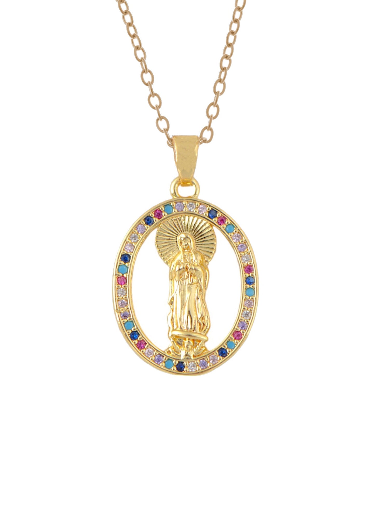 18K Gold Plated Crystal Rhinestone Virgin Mary Catholic Necklace - Our Lady of Guadalupe Medal Pendant - Christian Jewelry for Women and Men