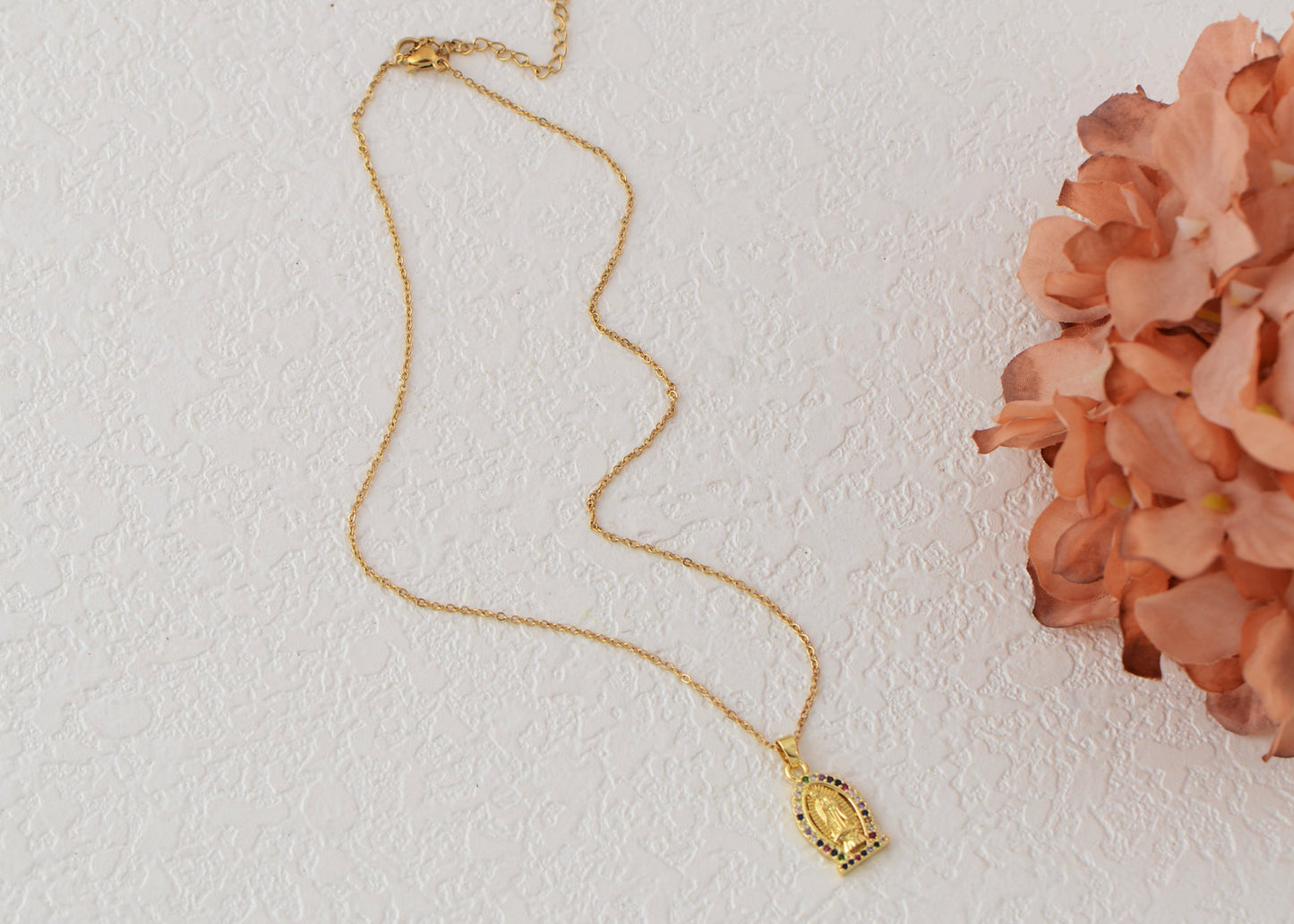 18K Gold Plated Crystal Rhinestone Virgin Mary Catholic Necklace - Our Lady of Guadalupe Medal Pendant - Christian Jewelry for Women and Men