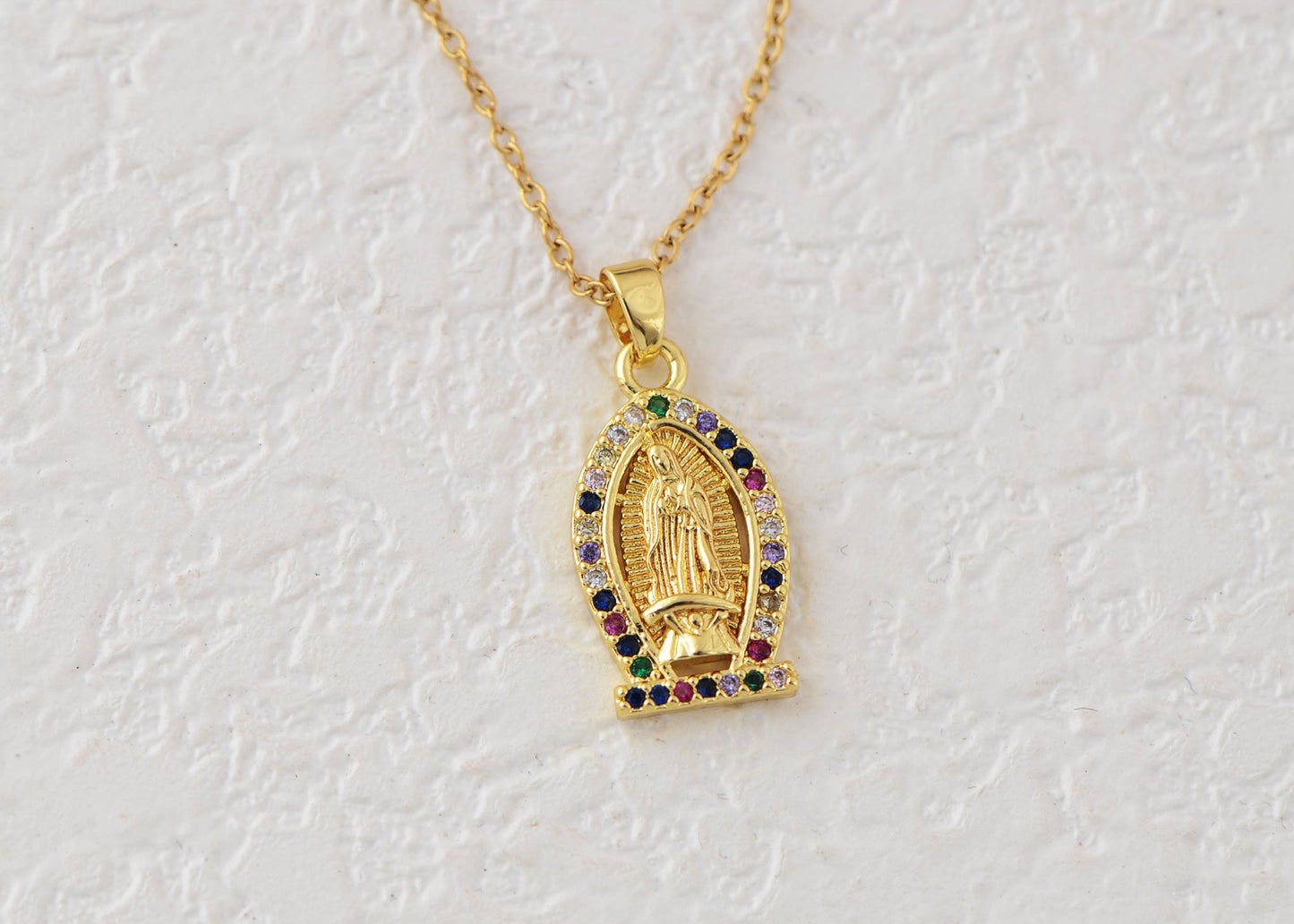 18K Gold Plated Crystal Rhinestone Virgin Mary Catholic Necklace - Our Lady of Guadalupe Medal Pendant - Christian Jewelry for Women and Men
