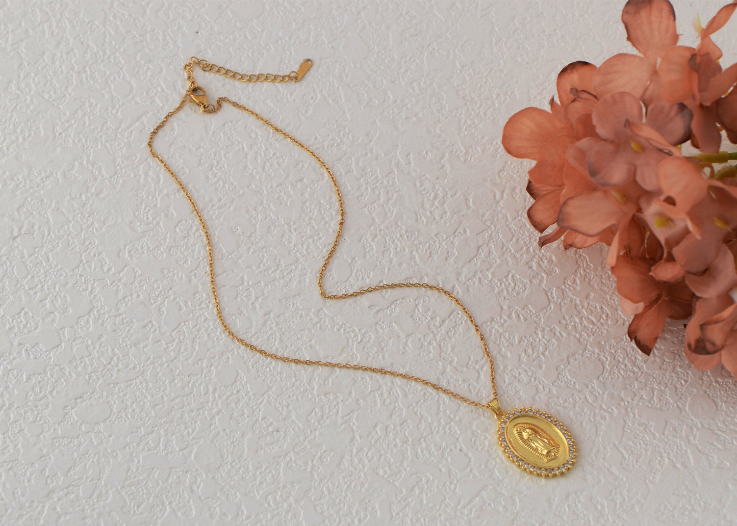 18K Gold Plated Crystal Rhinestone Virgin Mary Catholic Necklace - Our Lady of Guadalupe Medal Pendant - Christian Jewelry for Women and Men