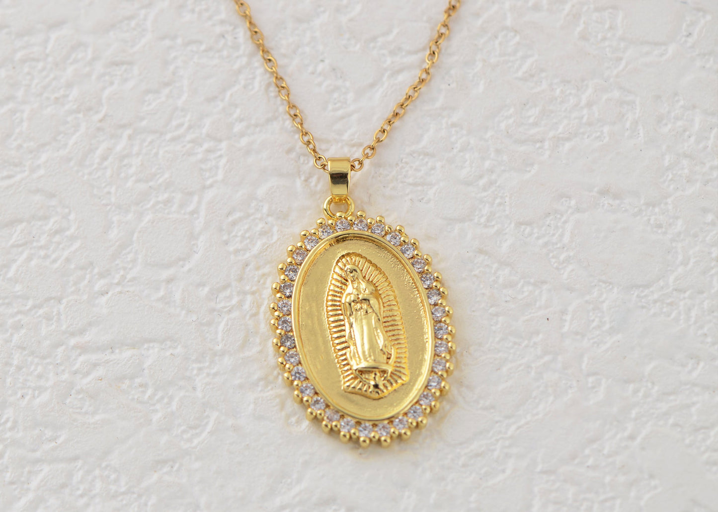 18K Gold Plated Crystal Rhinestone Virgin Mary Catholic Necklace - Our Lady of Guadalupe Medal Pendant - Christian Jewelry for Women and Men