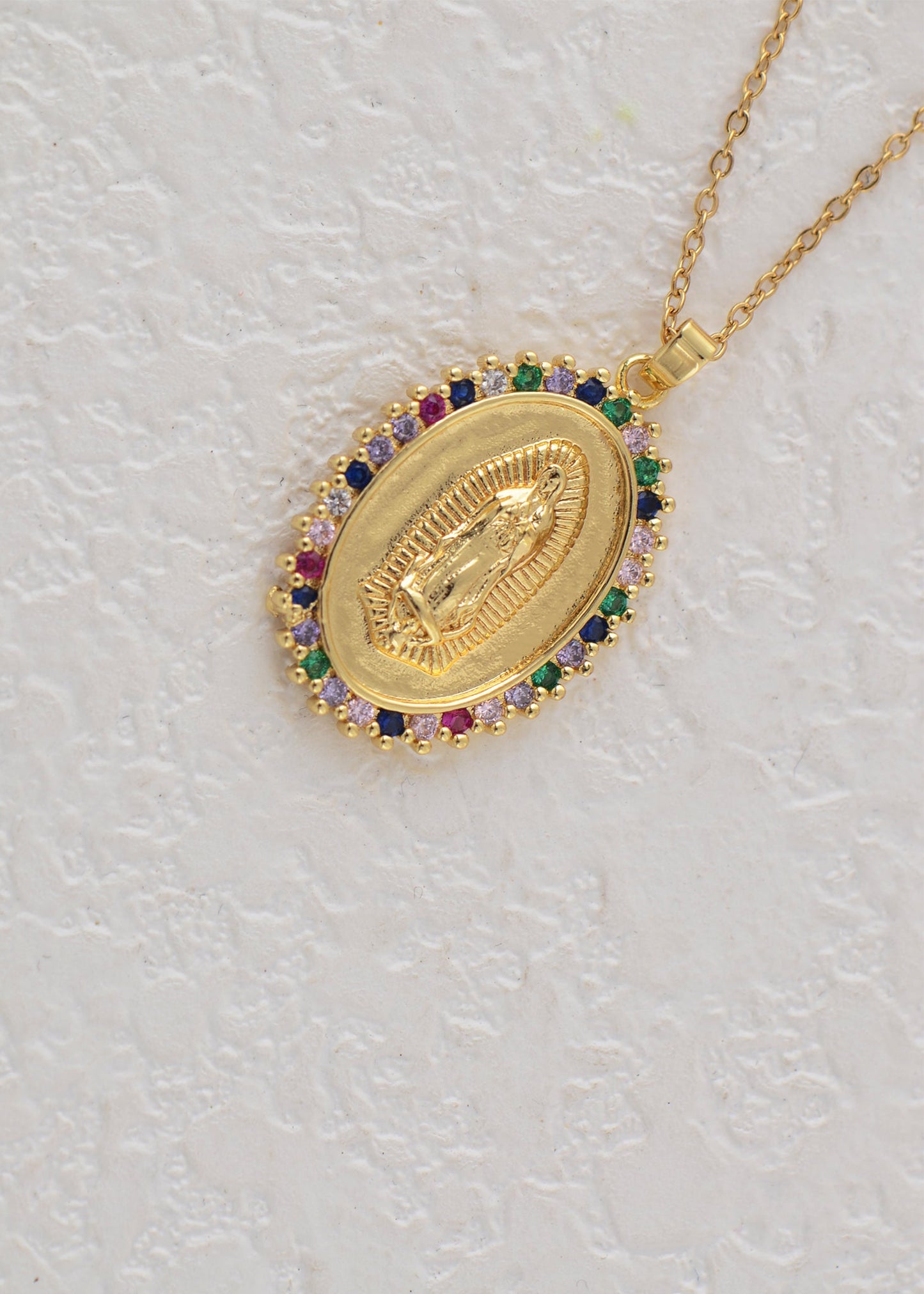 18K Gold Plated Crystal Rhinestone Virgin Mary Catholic Necklace - Our Lady of Guadalupe Medal Pendant - Christian Jewelry for Women and Men