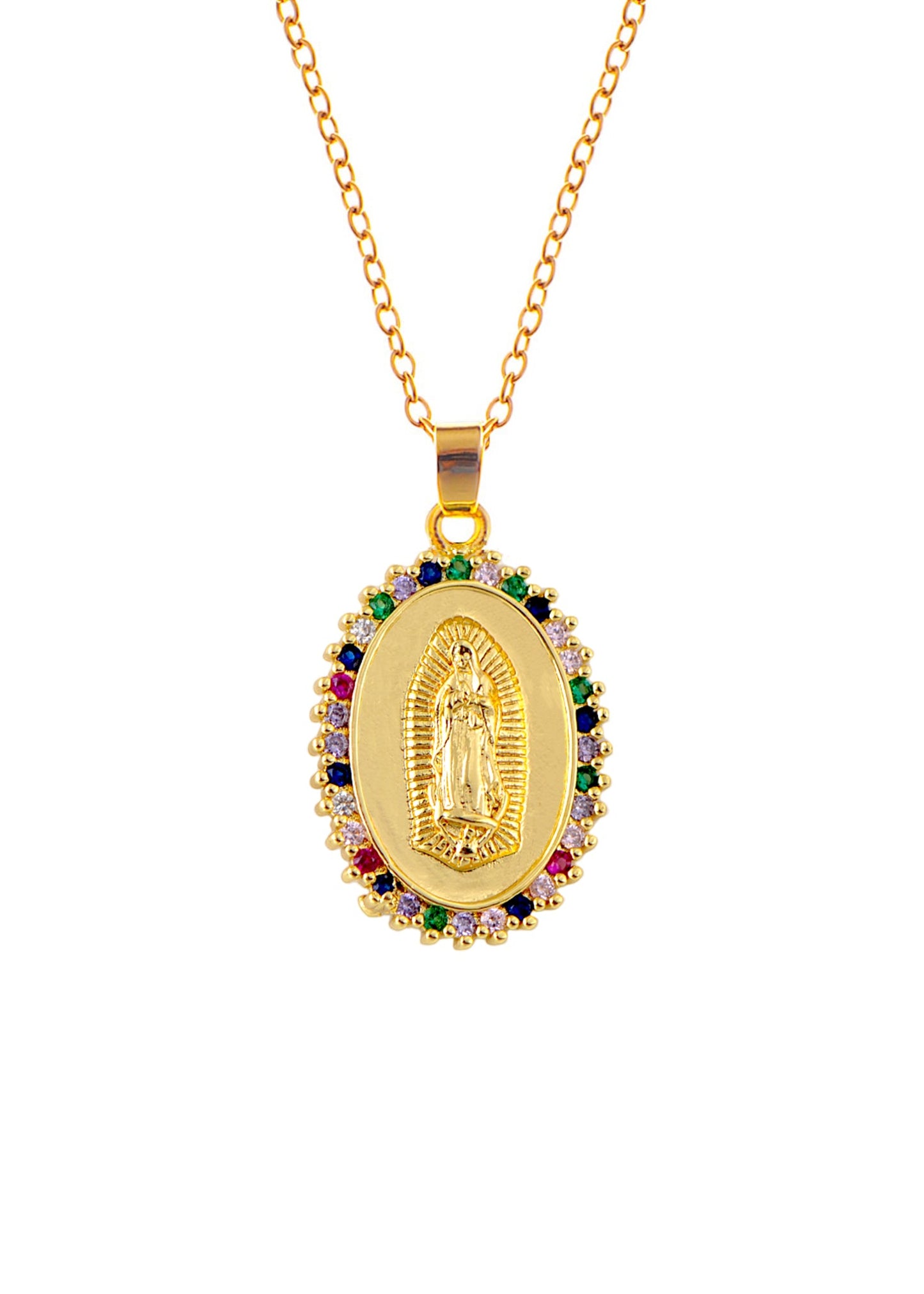 18K Gold Plated Crystal Rhinestone Virgin Mary Catholic Necklace - Our Lady of Guadalupe Medal Pendant - Christian Jewelry for Women and Men