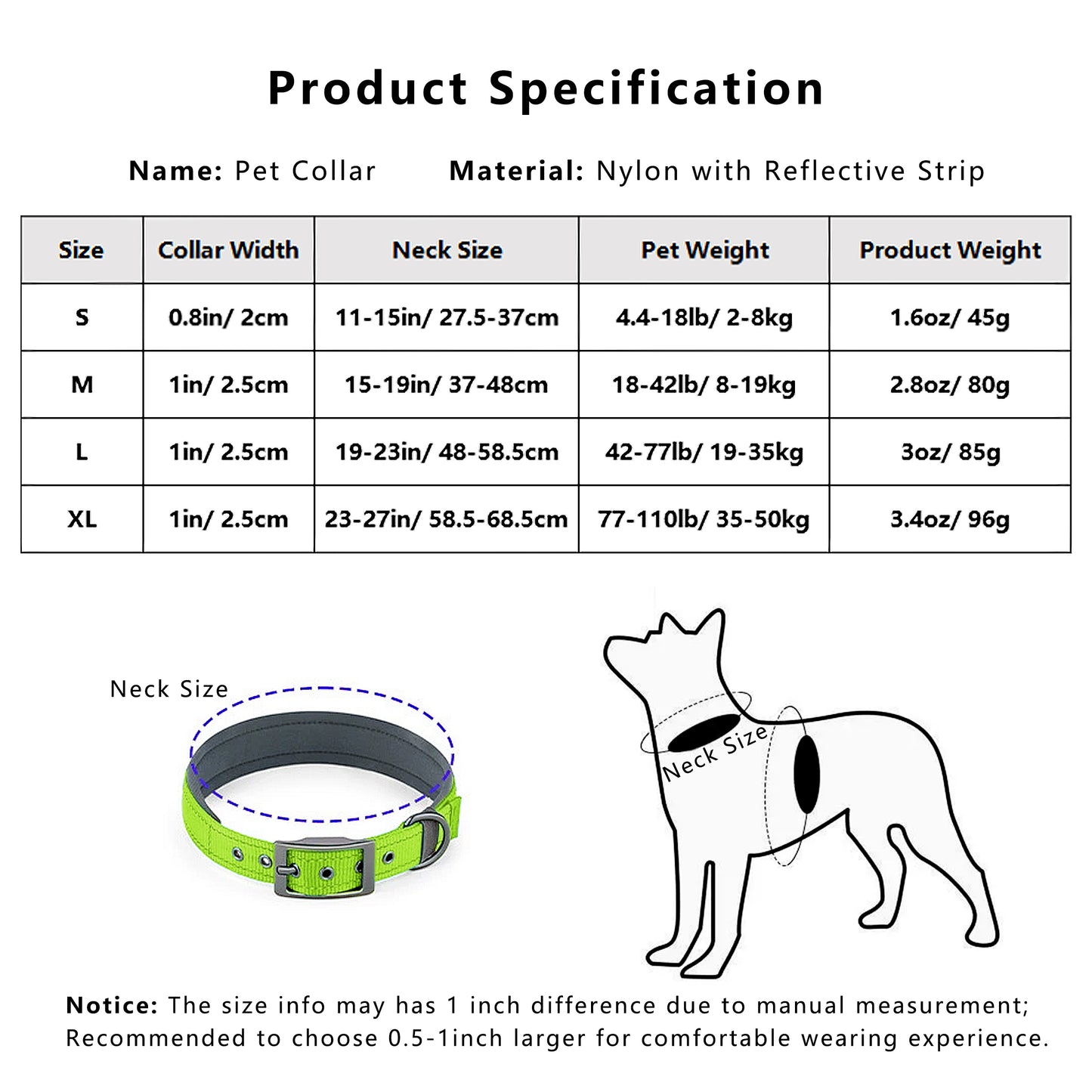 Dog Collar Reflective Adjustable Comfort Padded Nylon Pet Collars with Durable Metal Belt Buckle