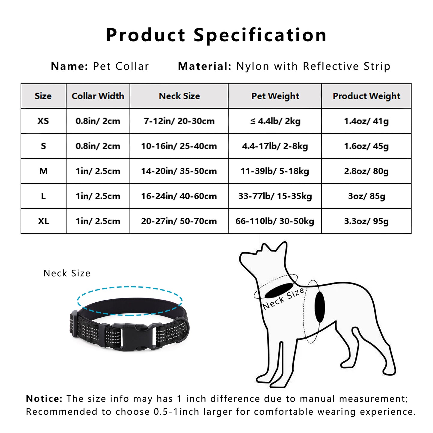 Dog Collar Reflective Soft Padded Adjustable Comfort Nylon Collars for All Breeds