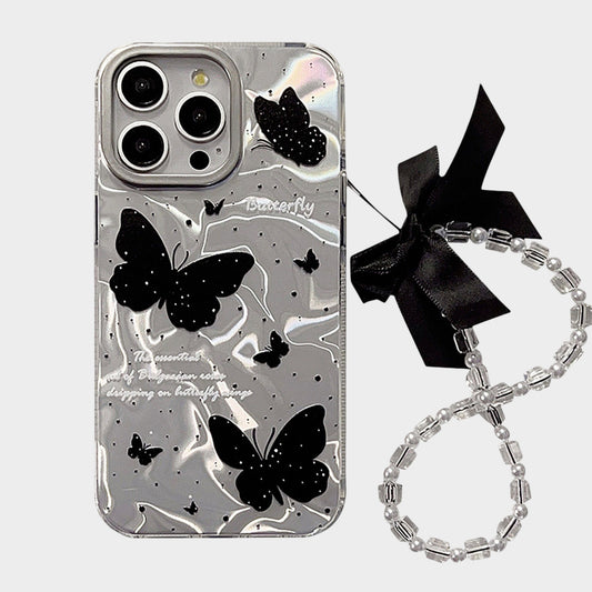 Butterfly Print Phone Case with Beaded Bow Wristlet Charm