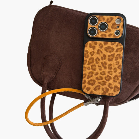 Leopard Print Phone Case with Wrist Strap Textured Back Protective Shock Resistant Cover