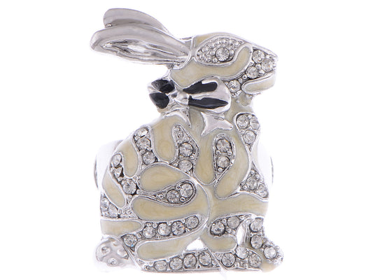 Enamel White Bunny Striped Fur Rabbit Ring