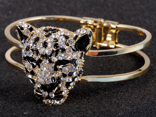 Gold Cheetah Leopard Face Head Cuff Bracelet