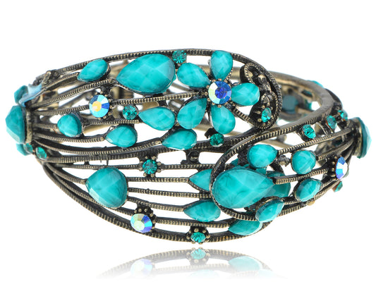 Turquoise Jeweled Blue Flower Cuff Bangle Bracelet