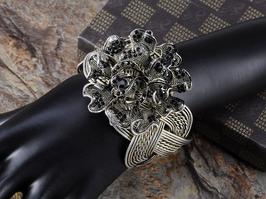 Black Spring Flower Wired Bracelet Bangle Cuff