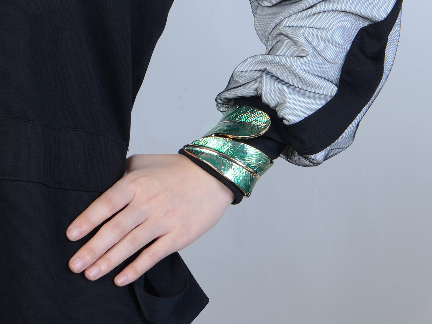 Autumn Double Leaf Blue Enamel Textured Life Like Boho Bangle Bracelet