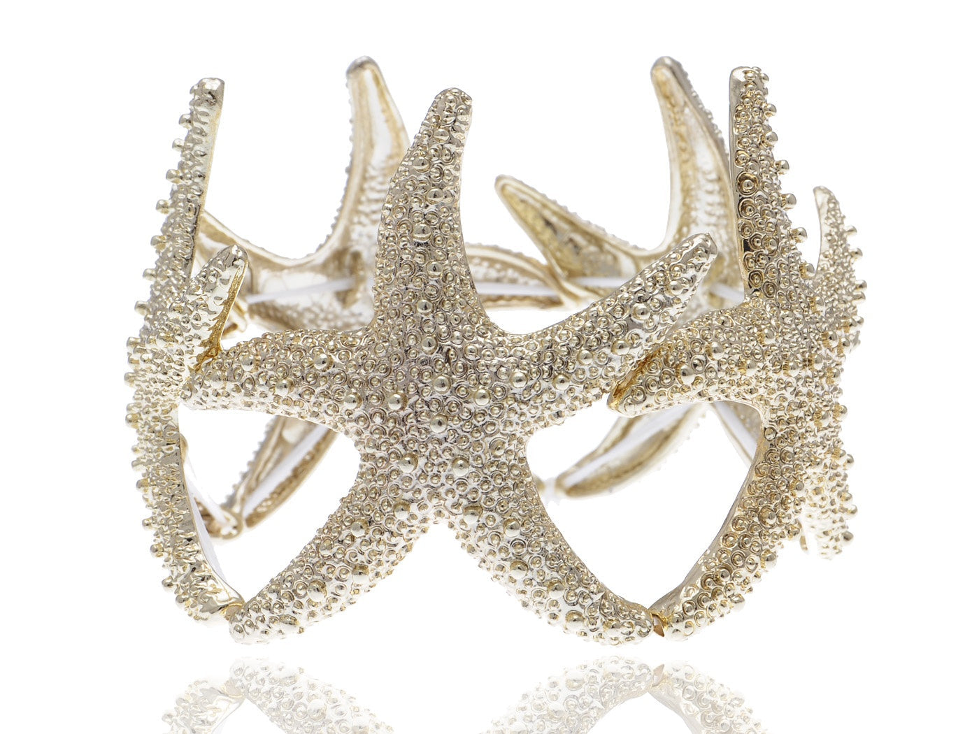 Gold Textured Starfish Stretch Bangle Cuff Statement Bracelet