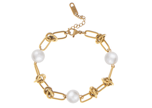 18K Gold-Plated Pearl Link Bracelet - Stainless Steel Pearl Bead Chain Bracelet Boho Chic Jewelry for Valentine's Day Birthdays