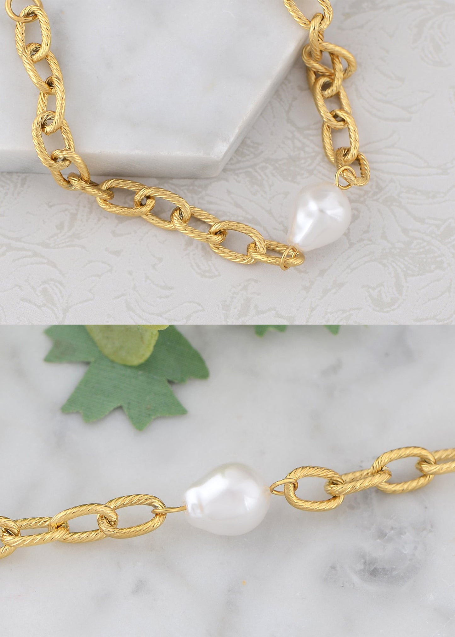18K Gold-Plated Pearl Link Bracelet - Stainless Steel Pearl Bead Chain Bracelet Boho Chic Jewelry for Valentine's Day Birthdays
