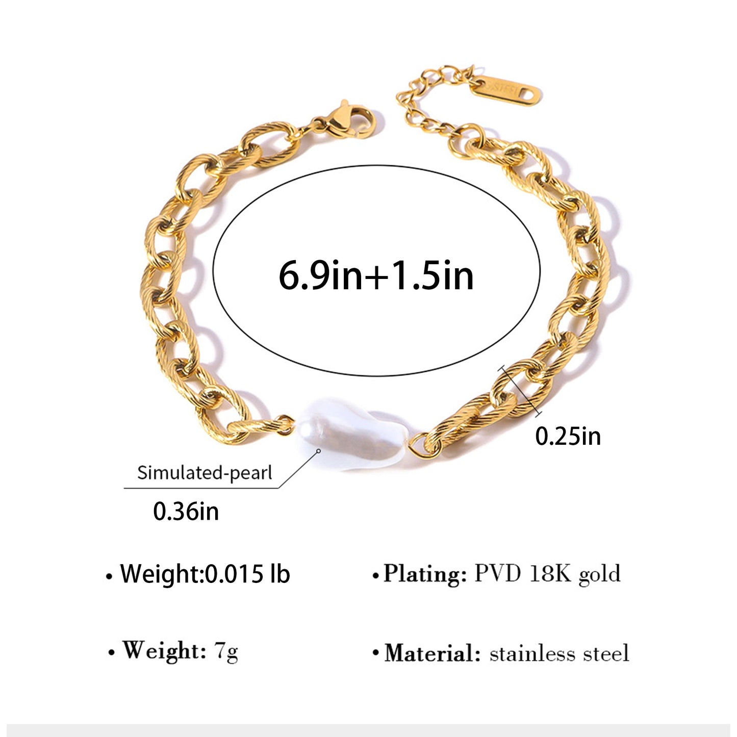 18K Gold-Plated Pearl Link Bracelet - Stainless Steel Pearl Bead Chain Bracelet Boho Chic Jewelry for Valentine's Day Birthdays
