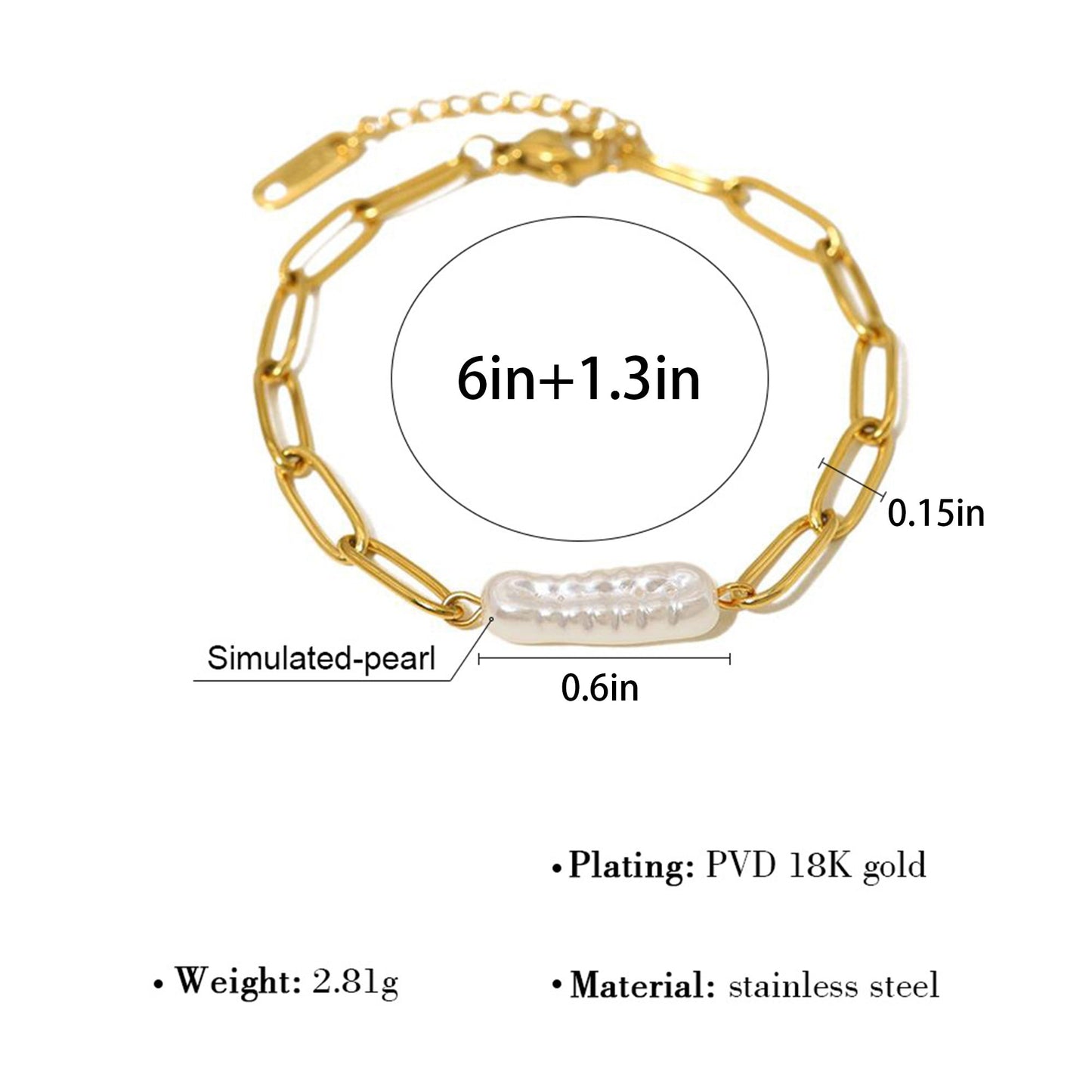 18K Gold-Plated Pearl Link Bracelet - Stainless Steel Pearl Bead Chain Bracelet Boho Chic Jewelry for Valentine's Day Birthdays