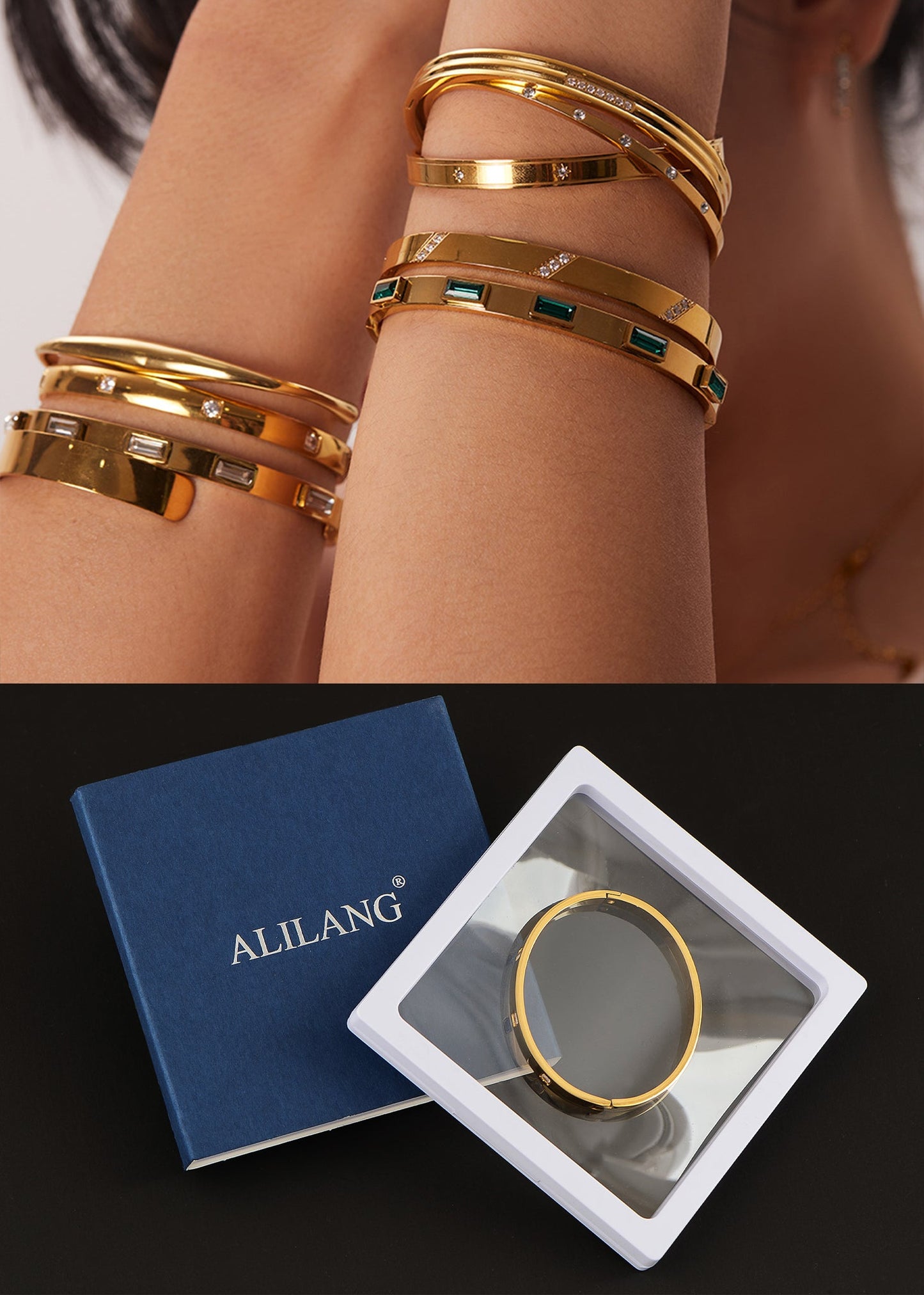 18K Gold Plated Bangle Bracelets for Women with Cubic Zirconia Stainless Steel Friendship Bracelet Jewelry for Christmas