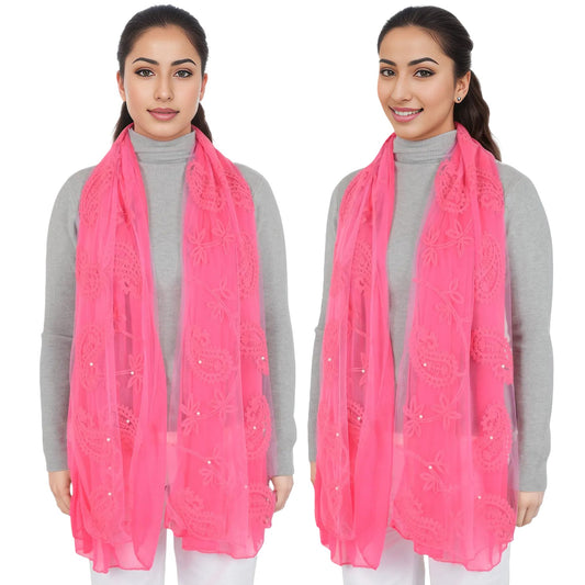 Embroidered Floral Lace Scarf Solid Double Layered Faux Pearls Long Wrap Scarf