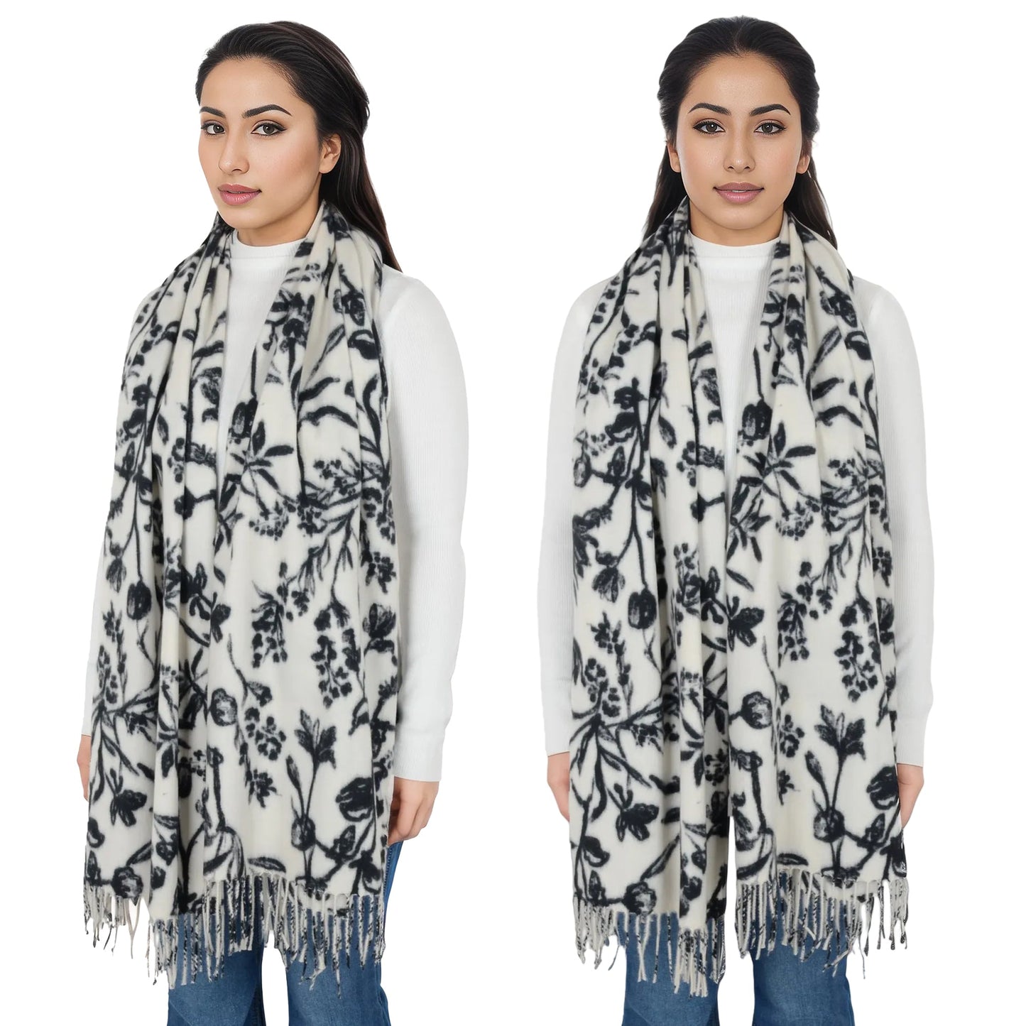Floral Print Winter Scarf Soft Cashmere Feel Fringe Shawl Wrap Scarves for Evening Dress