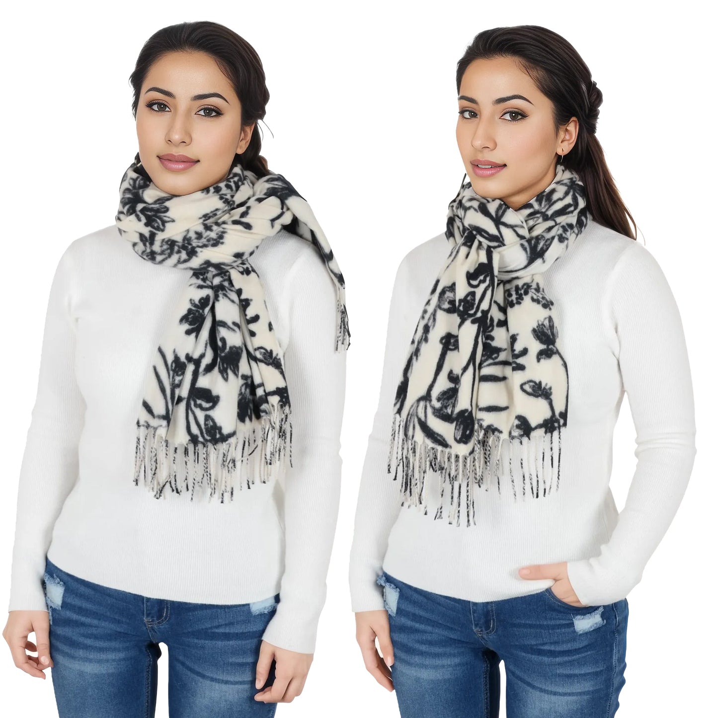 Floral Print Winter Scarf Soft Cashmere Feel Fringe Shawl Wrap Scarves for Evening Dress