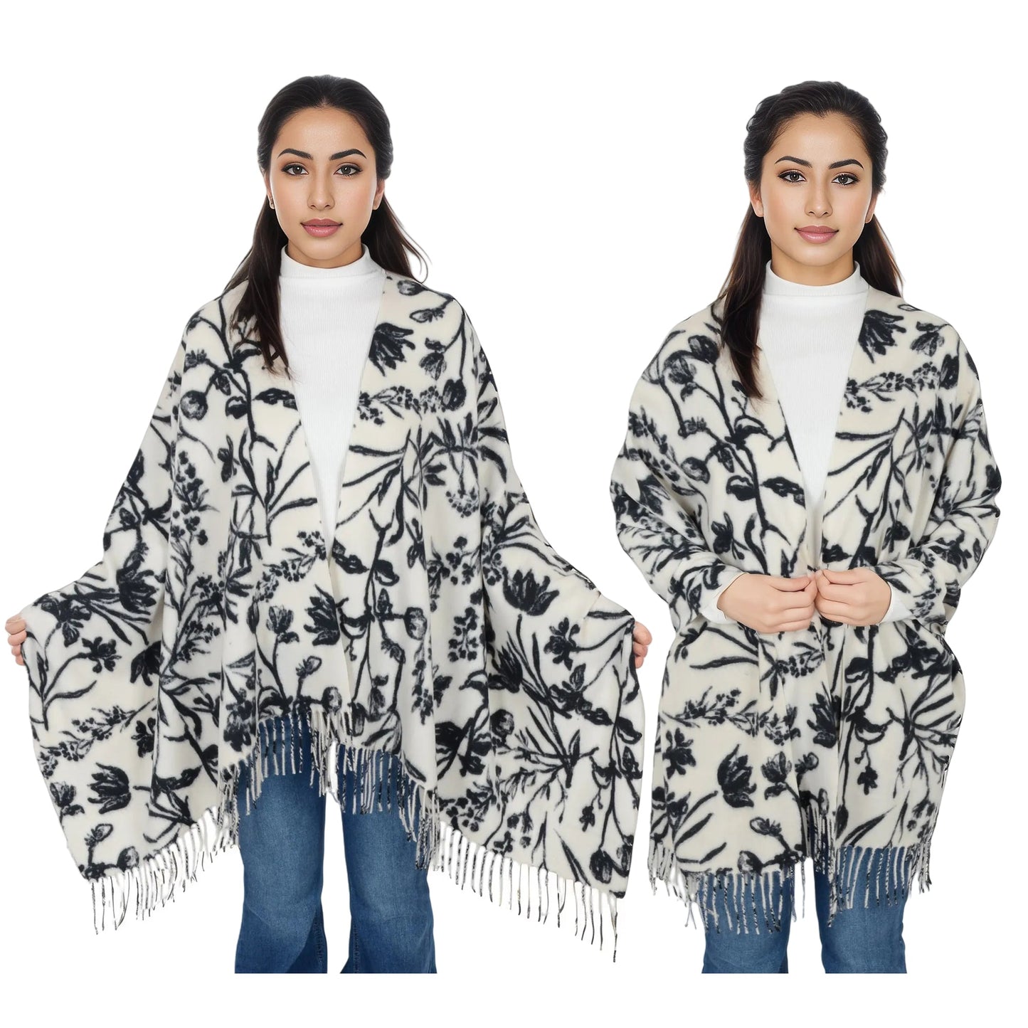 Floral Print Winter Scarf Soft Cashmere Feel Fringe Shawl Wrap Scarves for Evening Dress