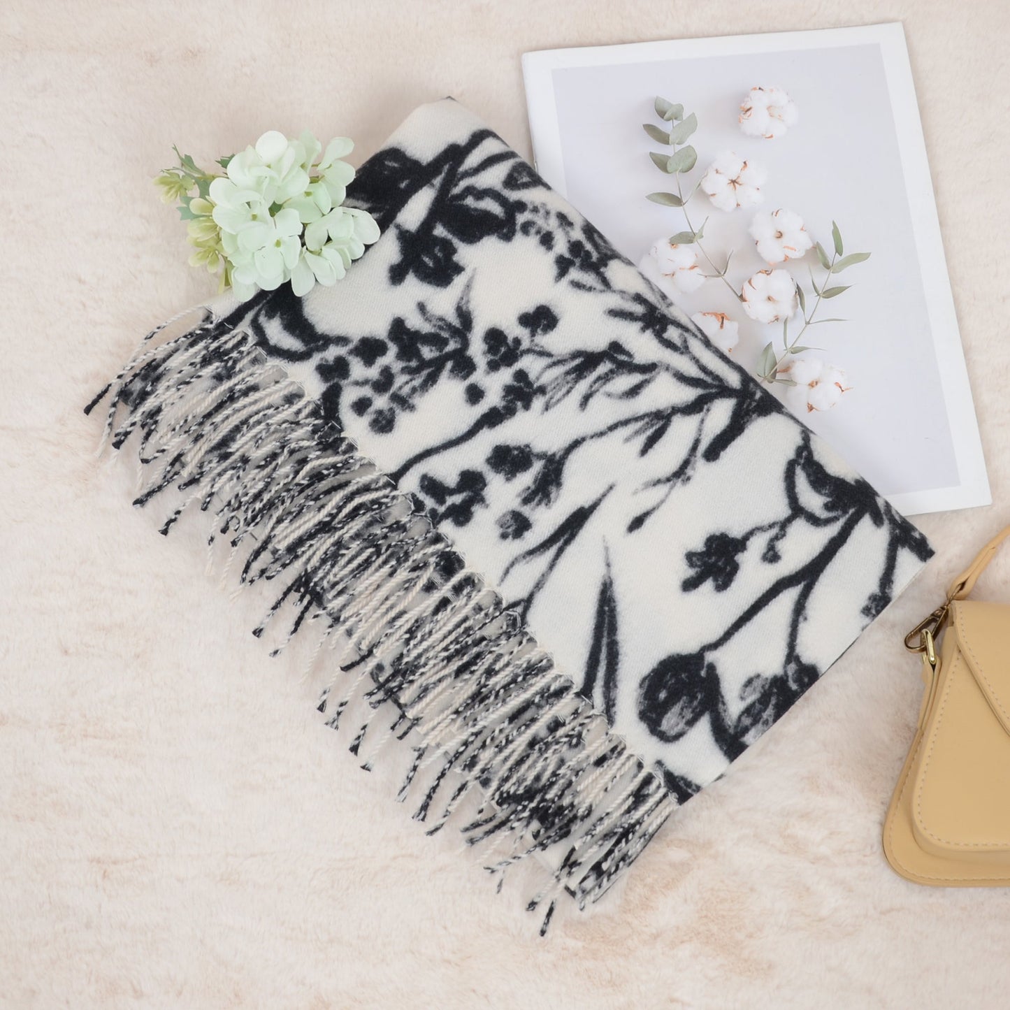 Floral Print Winter Scarf Soft Cashmere Feel Fringe Shawl Wrap Scarves for Evening Dress