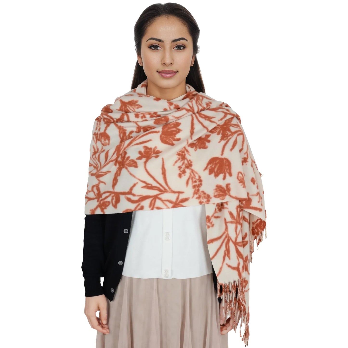 Floral Print Winter Scarf Soft Cashmere Feel Fringe Shawl Wrap Scarves for Evening Dress