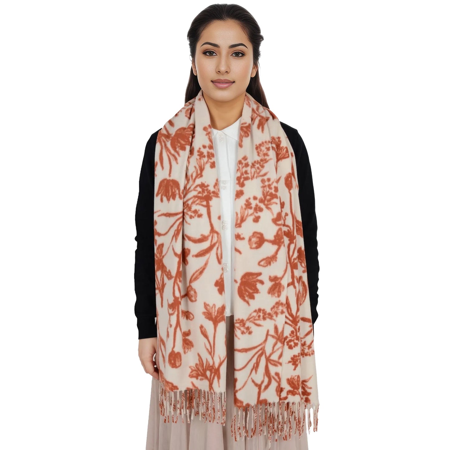 Floral Print Winter Scarf Soft Cashmere Feel Fringe Shawl Wrap Scarves for Evening Dress