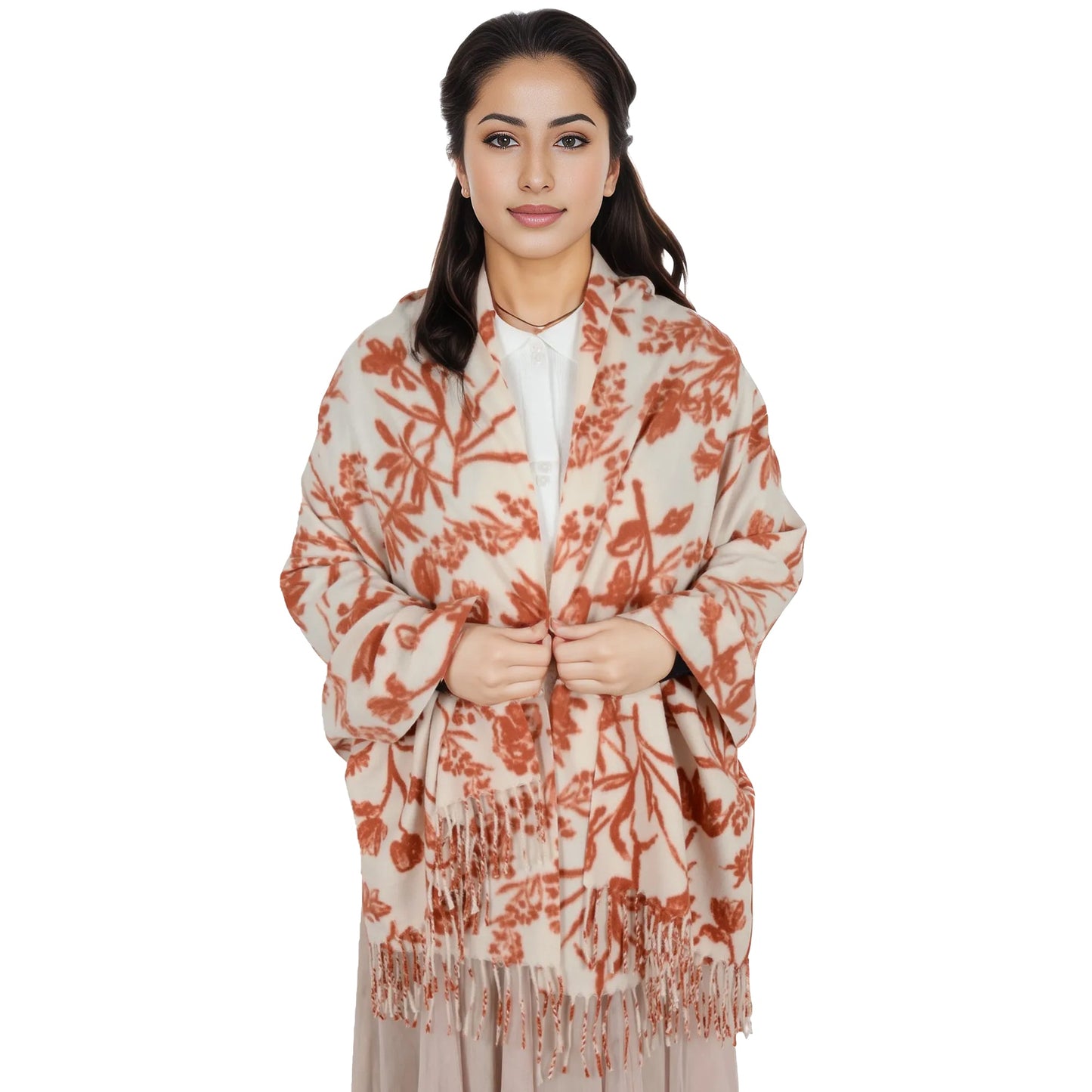 Floral Print Winter Scarf Soft Cashmere Feel Fringe Shawl Wrap Scarves for Evening Dress