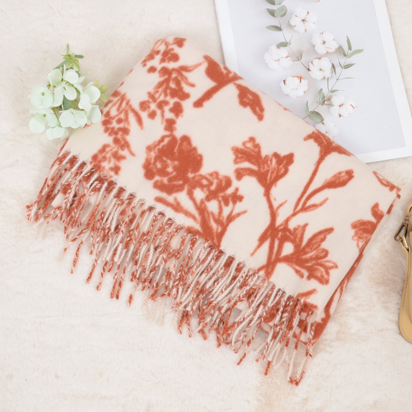 Floral Print Winter Scarf Soft Cashmere Feel Fringe Shawl Wrap Scarves for Evening Dress