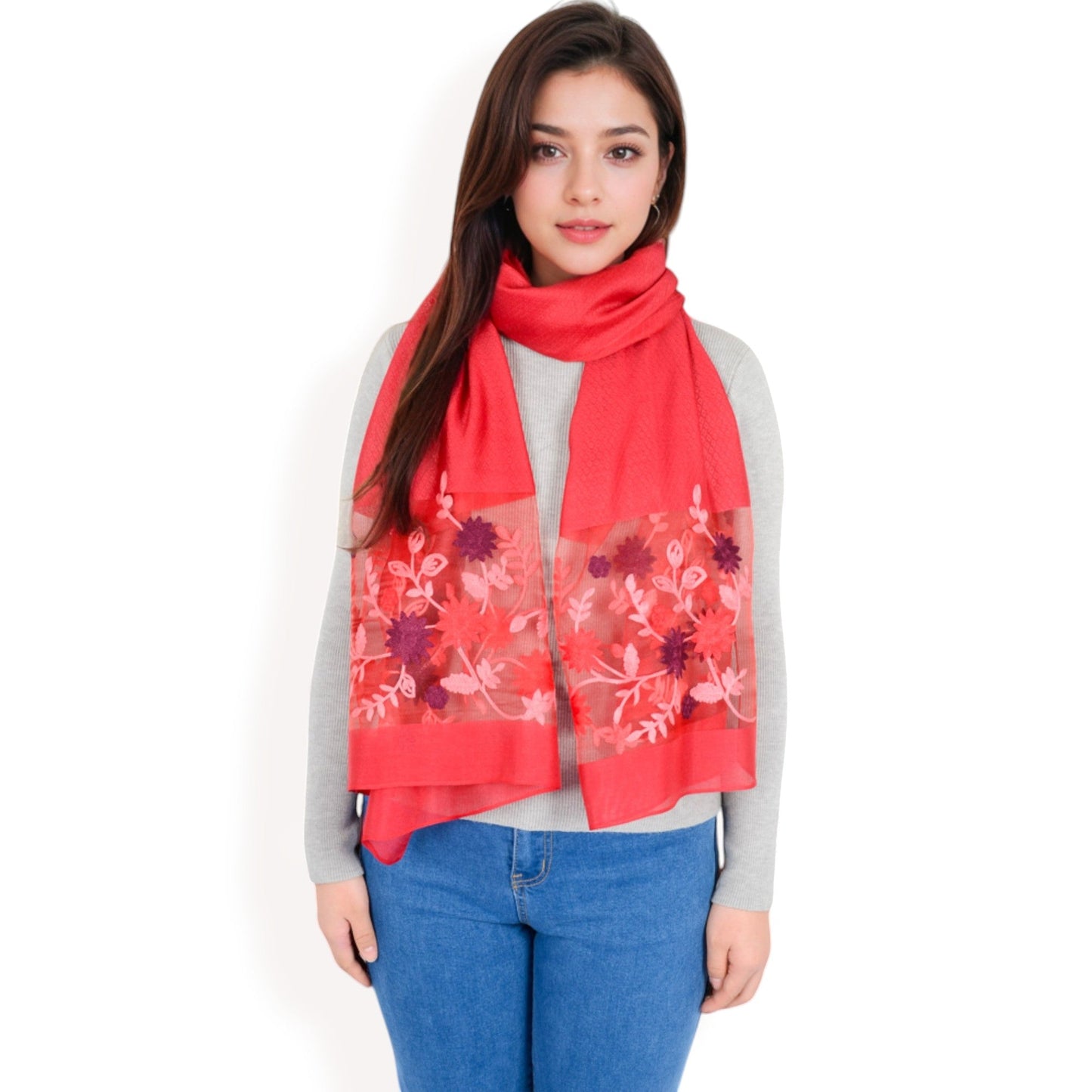 Elegant Floral Scarf with Lightweight Textured Fabric Overlay for Sophisticated Style