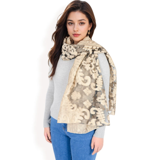 Elegant Floral Embroidered Sheer Scarf with Lightweight Textured Fabric Overlay for Sophisticated Style